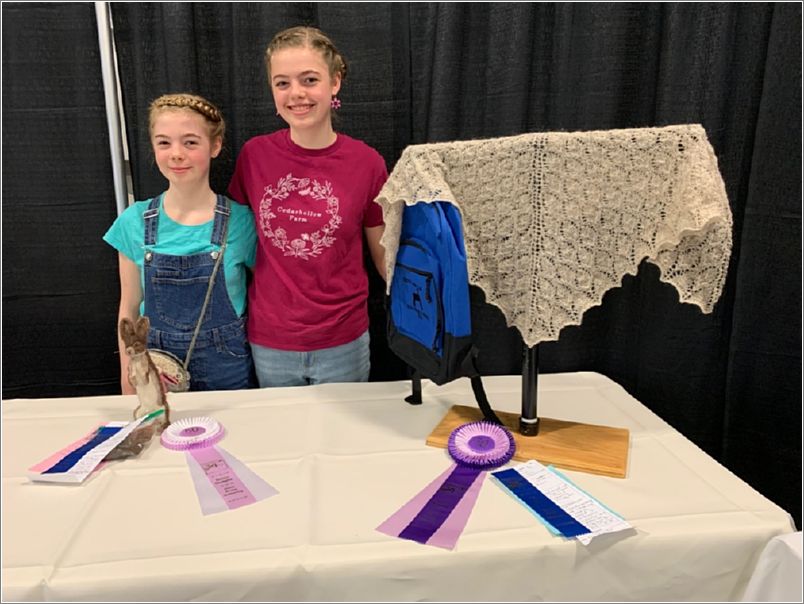 From left, Reserve Champion Best of Youth award winner Ella Farrell with her  needle-felted bunny and Best of Youth Champion award winner Anna Farrell with her knitted beige shawl. Photo: Kristi Gustafson.